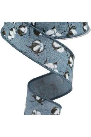 1.5" Cotton Pod Ribbon: Faded Denim & White (10 Yards)