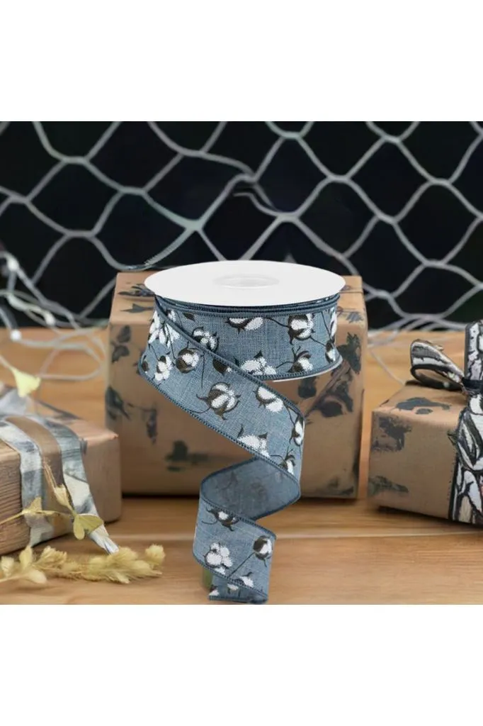 1.5" Cotton Pod Ribbon: Faded Denim & White (10 Yards)