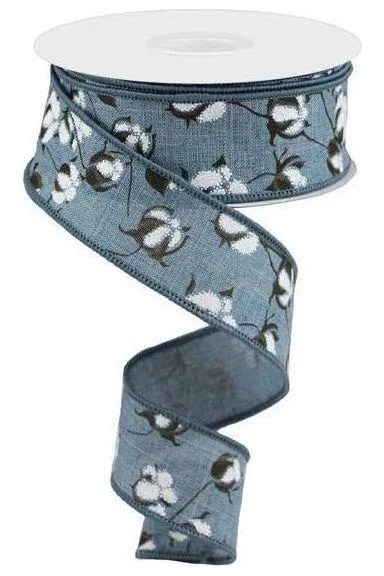 1.5" Cotton Pod Ribbon: Faded Denim & White (10 Yards)