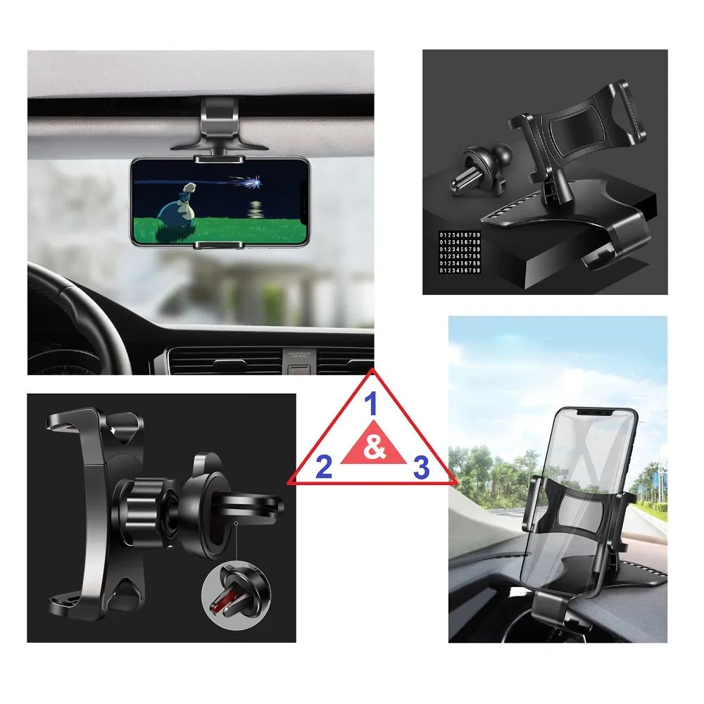 3 in 1 Car GPS Smartphone Holder: Dashboard / Visor Clamp   AC Grid Clip for alcatel Fire C - Black