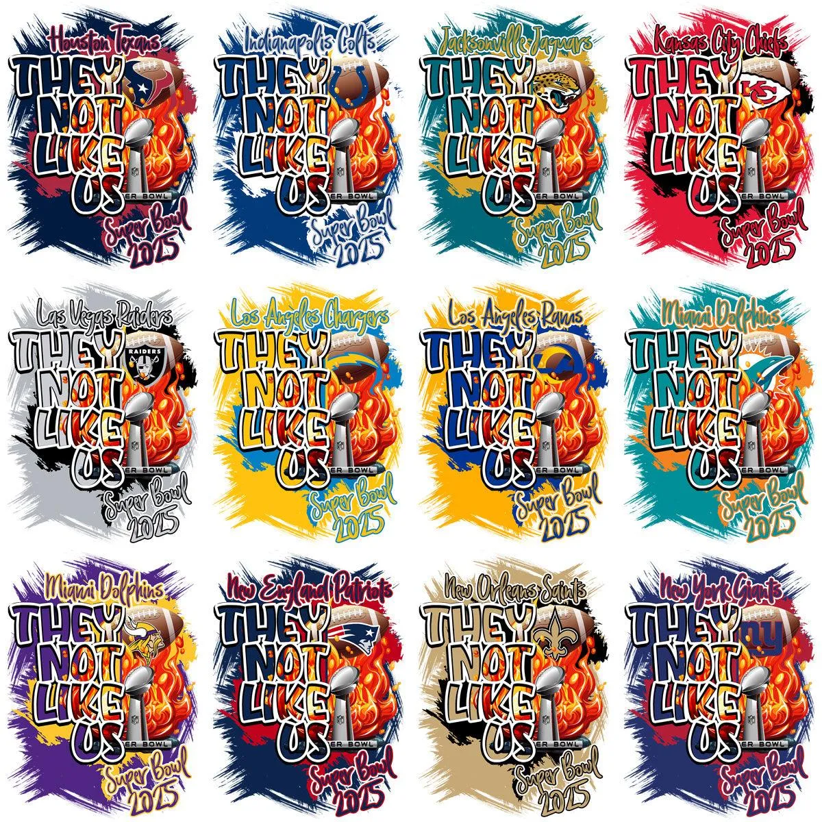 32 THEY NOT LIKE US Super Bowl 2025 Football Teams Designs Bundle PNG   PSD