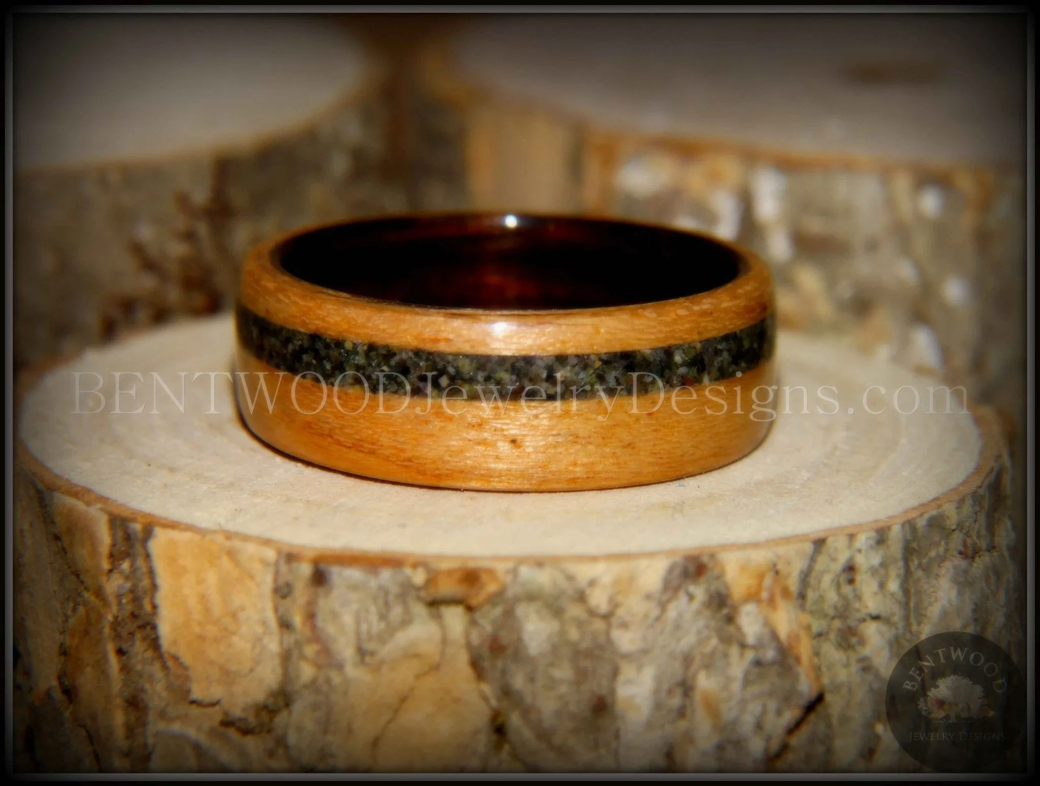 Bentwood Ring - Cherry Wood Ring with Ebony Wood Liner and Offset British Columbia Beach Sand Inlay