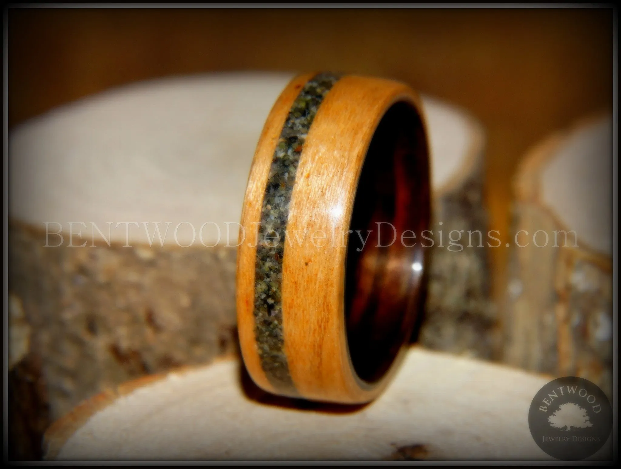 Bentwood Ring - Cherry Wood Ring with Ebony Wood Liner and Offset British Columbia Beach Sand Inlay
