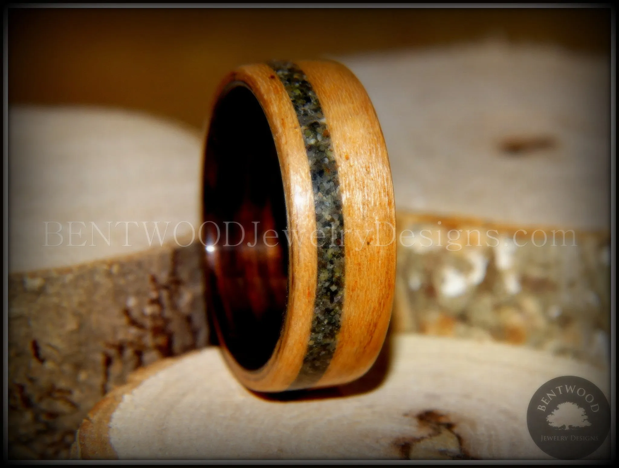 Bentwood Ring - Cherry Wood Ring with Ebony Wood Liner and Offset British Columbia Beach Sand Inlay