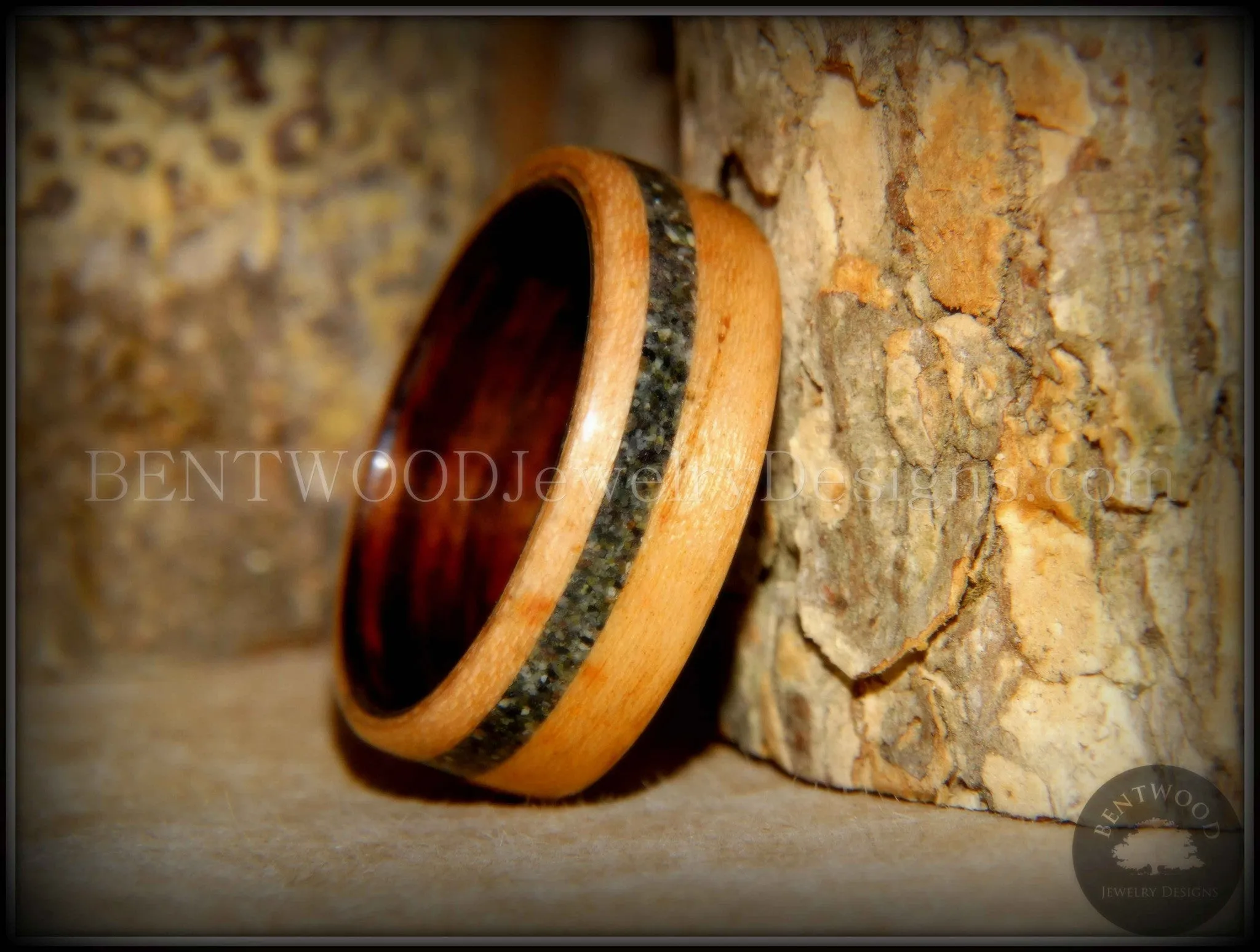 Bentwood Ring - Cherry Wood Ring with Ebony Wood Liner and Offset British Columbia Beach Sand Inlay