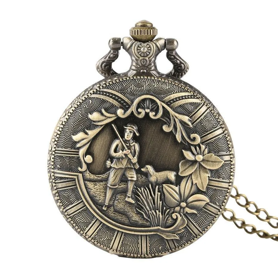 Bronze Quartz full Hunter Pocket Watch - Hunting Scene