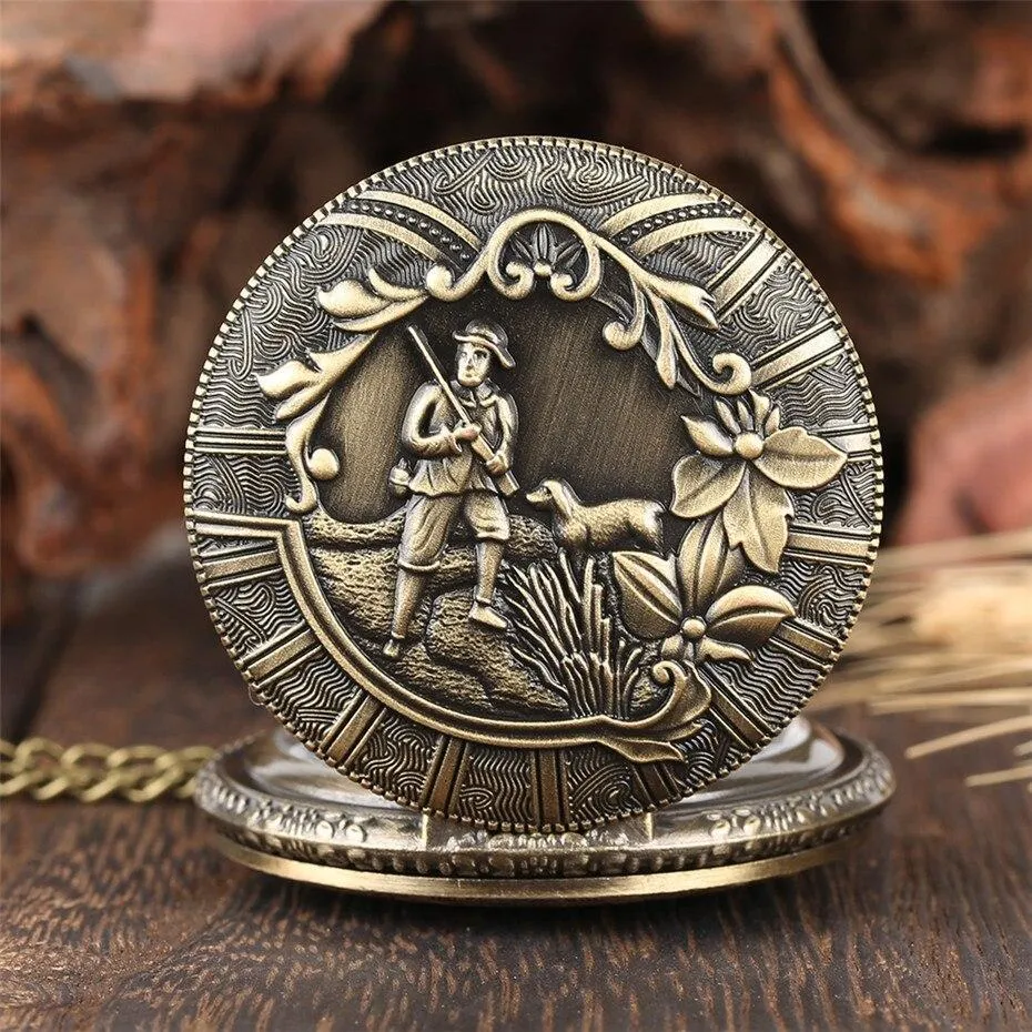 Bronze Quartz full Hunter Pocket Watch - Hunting Scene