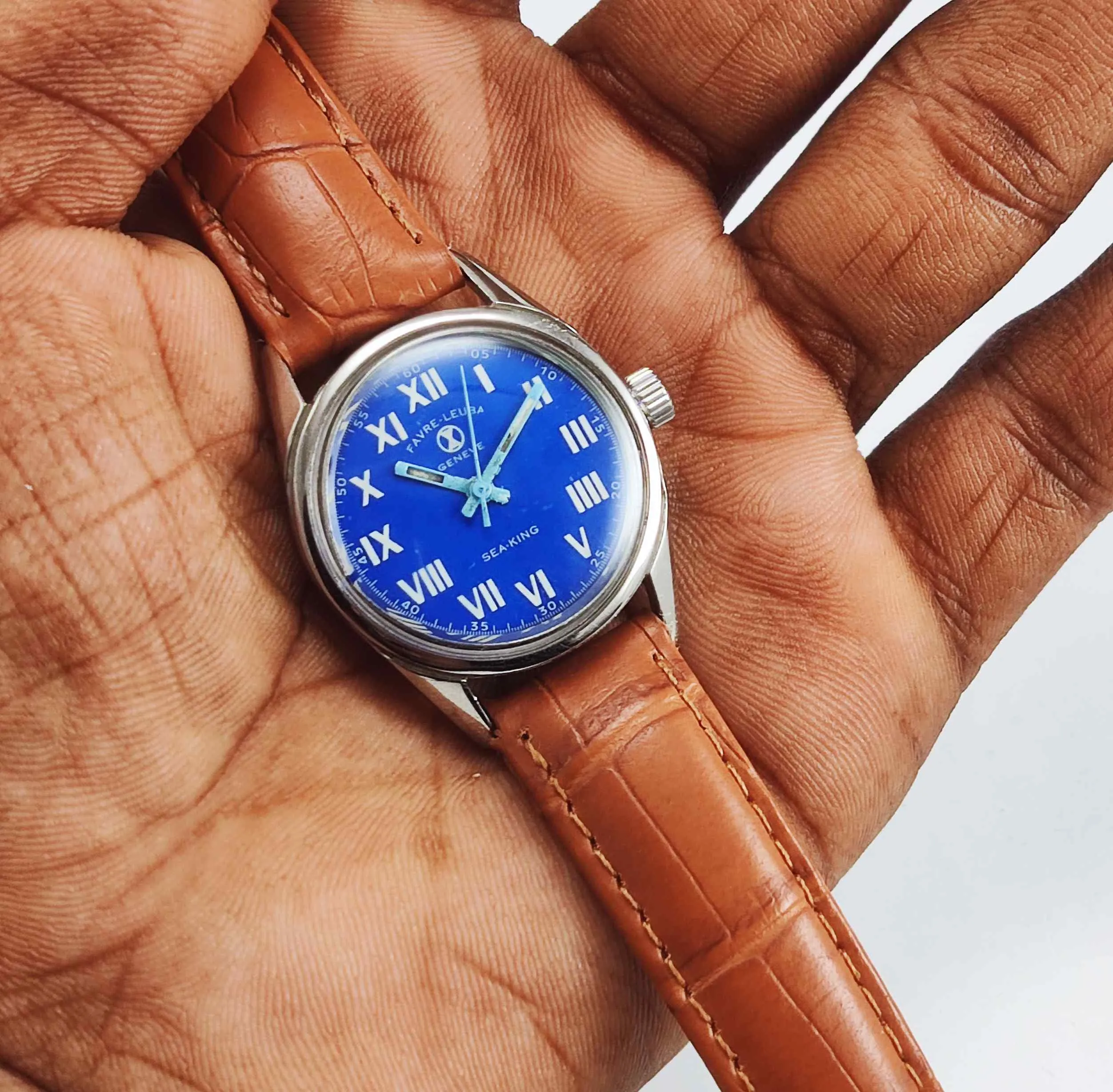Favre Leuba Geneve Sea king 253 Blue Dial Mechanical HandWinding 17 Jewels Watch