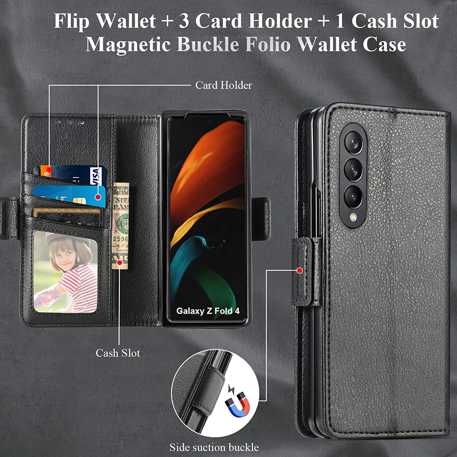 Galaxy Z Fold 4 Wallet Case S Pen Holder & Card Holder, Z Fold 4 Case (Black)