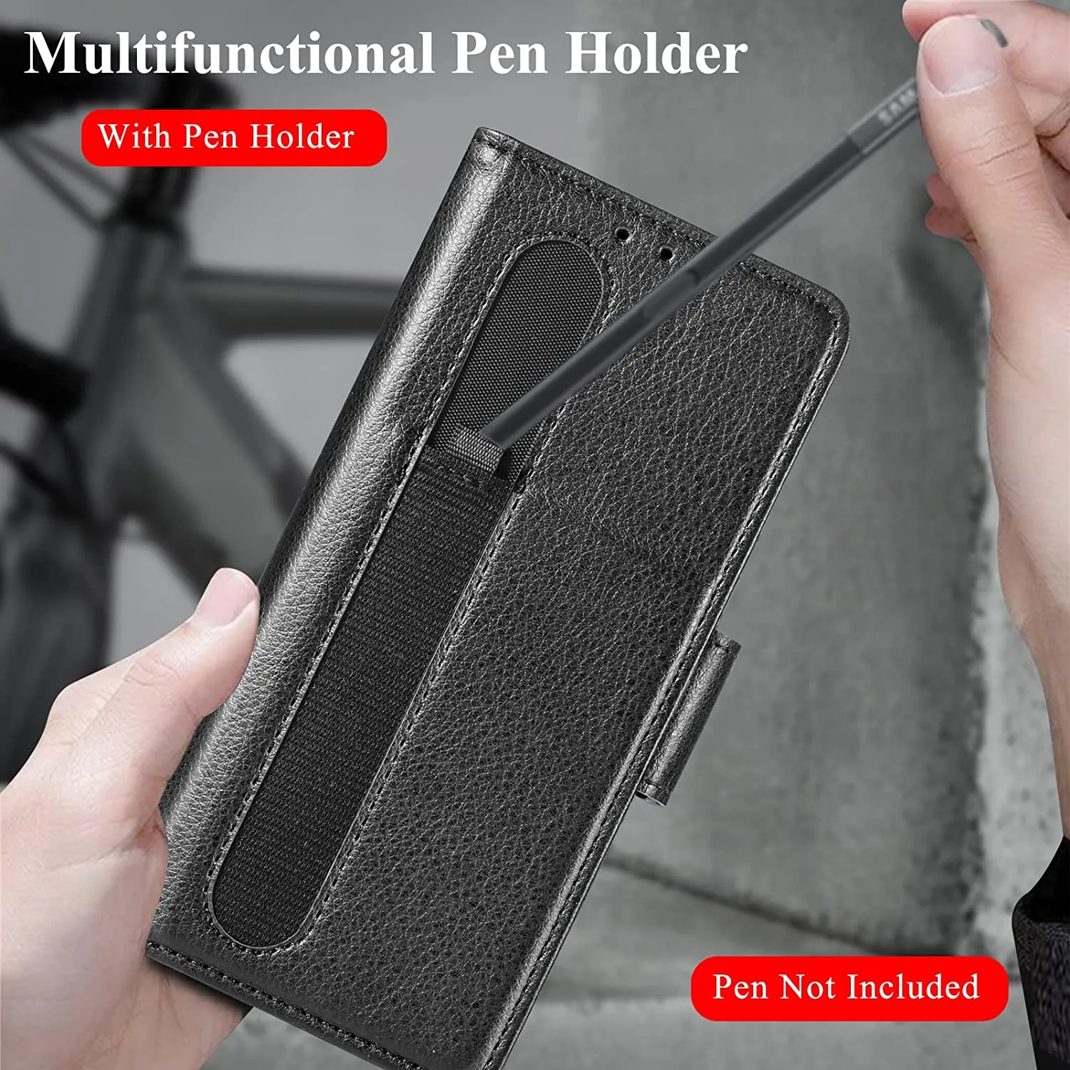 Galaxy Z Fold 4 Wallet Case S Pen Holder & Card Holder, Z Fold 4 Case (Black)