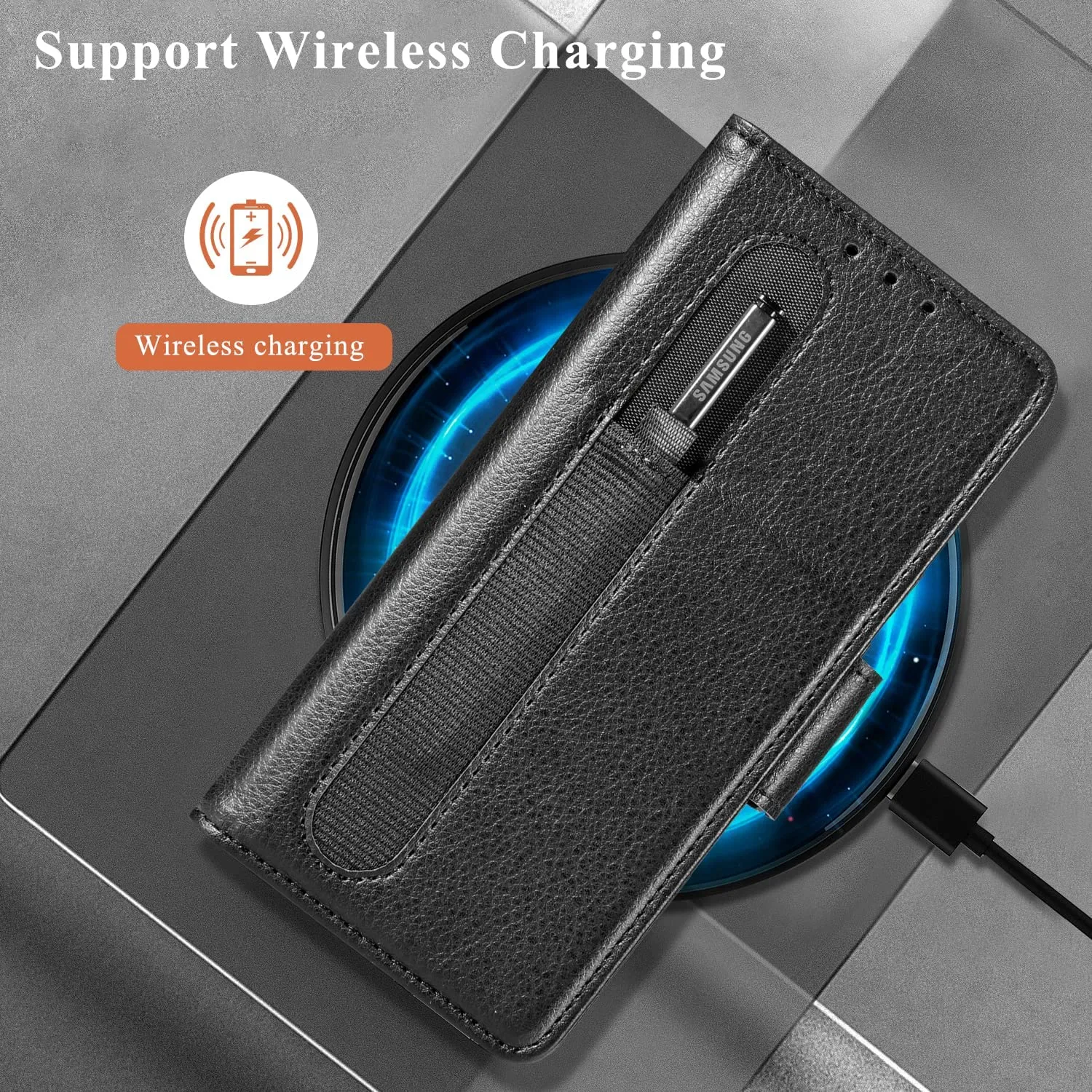 Galaxy Z Fold 4 Wallet Case S Pen Holder & Card Holder, Z Fold 4 Case (Black)