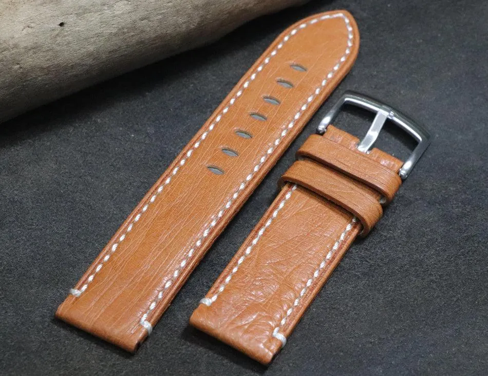 Handmade Soft Watch Leather Strap 22mm Brown South African Ostrich Leather Strap with Cowhide Bottom, strong and durable