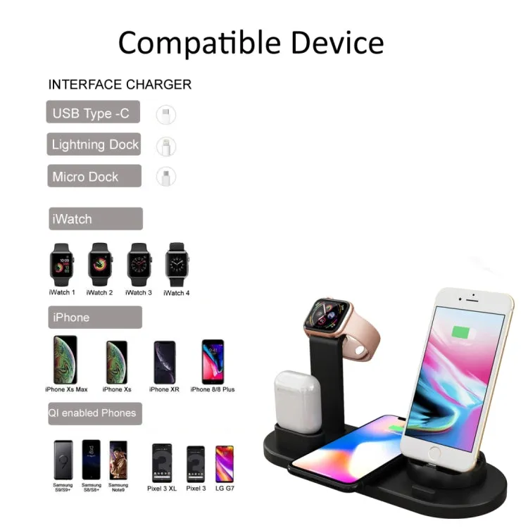 HQ-UD15 5 in 1 8 Pin   Micro USB   USB-C / Type-C Interfaces   8 Pin Earphone Charging Interface   Wireless Charging Charger Base with Watch Stand (White)