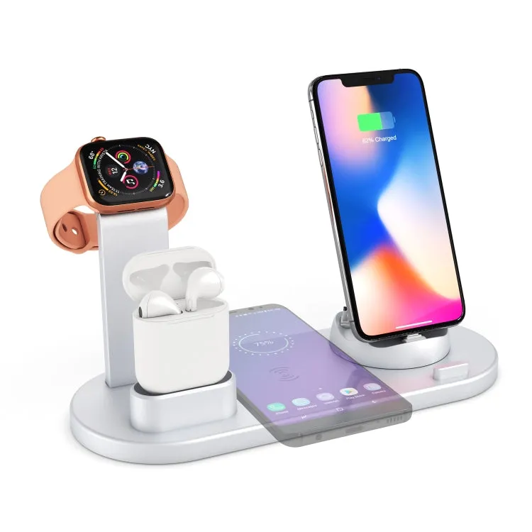 HQ-UD15 5 in 1 8 Pin   Micro USB   USB-C / Type-C Interfaces   8 Pin Earphone Charging Interface   Wireless Charging Charger Base with Watch Stand (White)