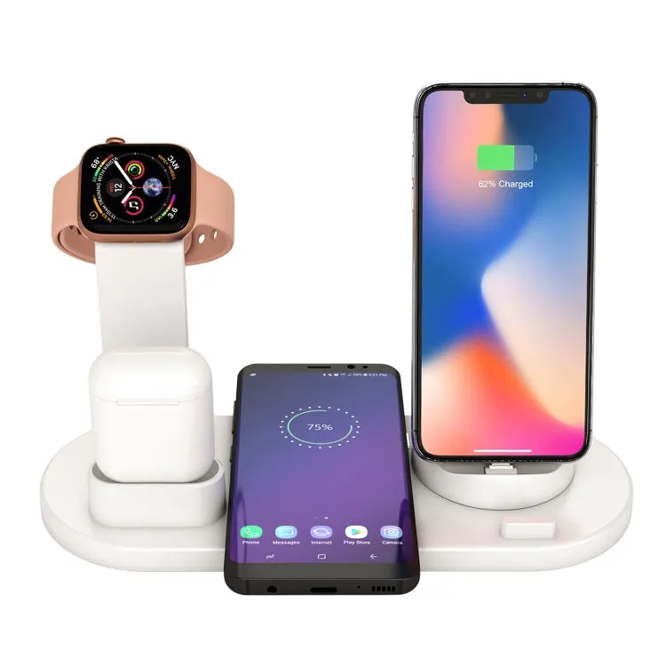 HQ-UD15 5 in 1 8 Pin   Micro USB   USB-C / Type-C Interfaces   8 Pin Earphone Charging Interface   Wireless Charging Charger Base with Watch Stand (White)