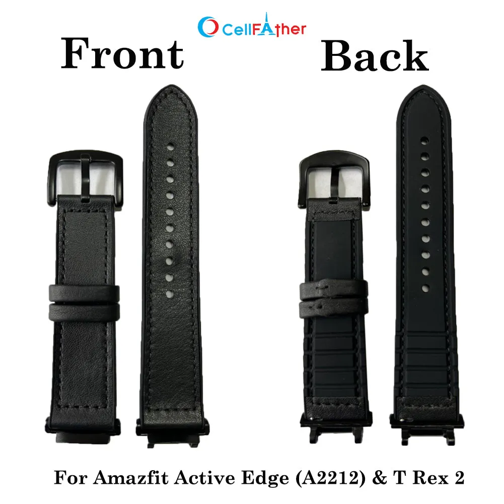 Leather Silicone Straps for Amazfit T Rex 2, Amazfit Active Edge A2212 straps- Black