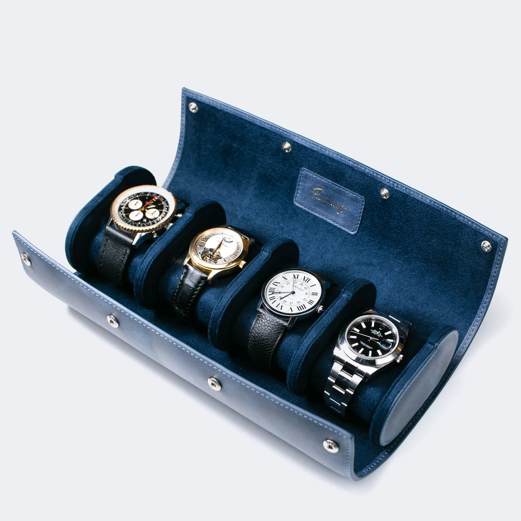 Leather Travel Watch Case - Blue - Quad Watch Roll