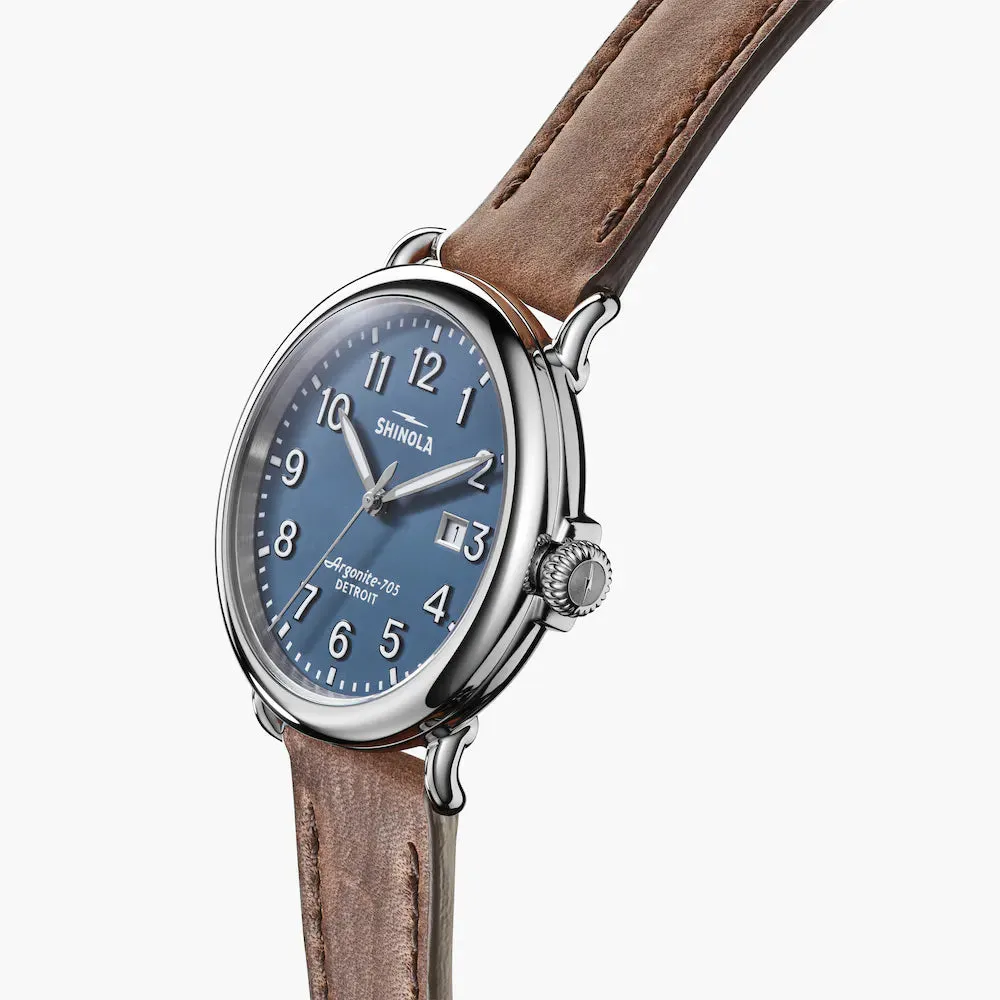 Shinola, The Runwell 41mm Matte Blue Velvet Dial Brown Leather