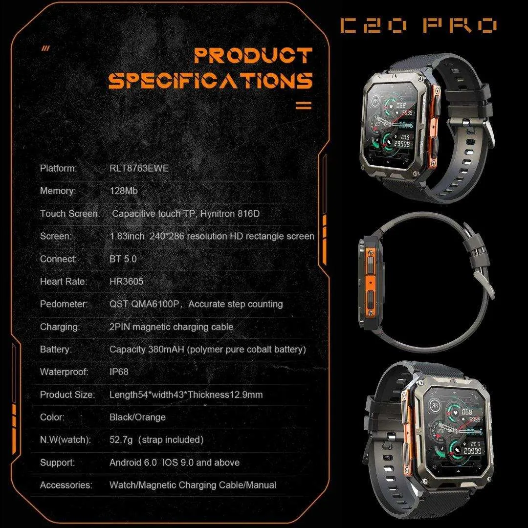 TUTT C20-Pro Men Military Rugged SmartWatch Speaker Pedometer IP68 Waterproof Outdoor 1.83'' HD Tactical Watch Sport Fitness Modes SpO2
