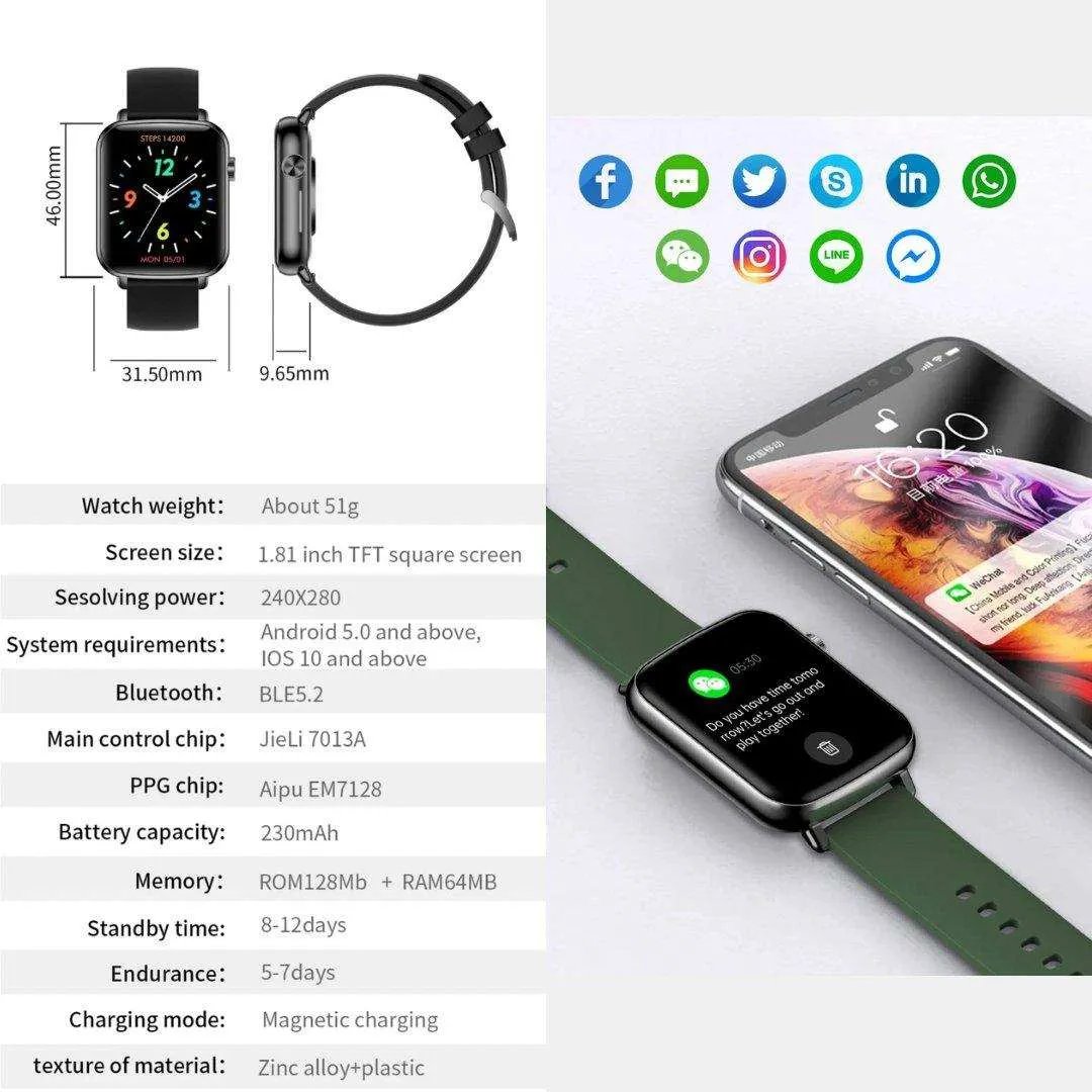 TUTT H90 Men and Women Fashion Smart Watch Reloj BT Call Fashion Design with 1.81 inch HD Screen Heart Rate Monitor Fitness Tracking |Two Straps Rubber &Steel
