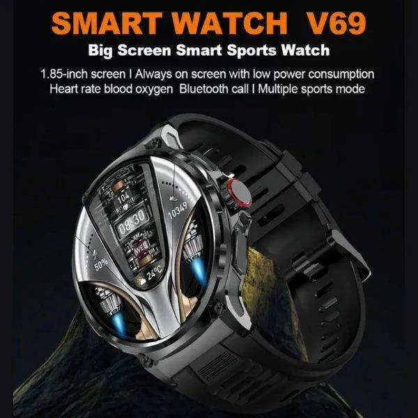 TUTT V69 | Metal Case| Men Military Smart Watch HD 1.85'' Large Round Screen 710mah Battery Pedometer Sleep Monitoring Sport Activity Outdoor Rugged SmartWatch Three (3) Straps