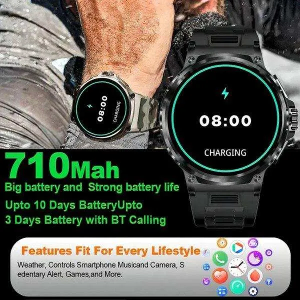 TUTT V69 | Metal Case| Men Military Smart Watch HD 1.85'' Large Round Screen 710mah Battery Pedometer Sleep Monitoring Sport Activity Outdoor Rugged SmartWatch Three (3) Straps