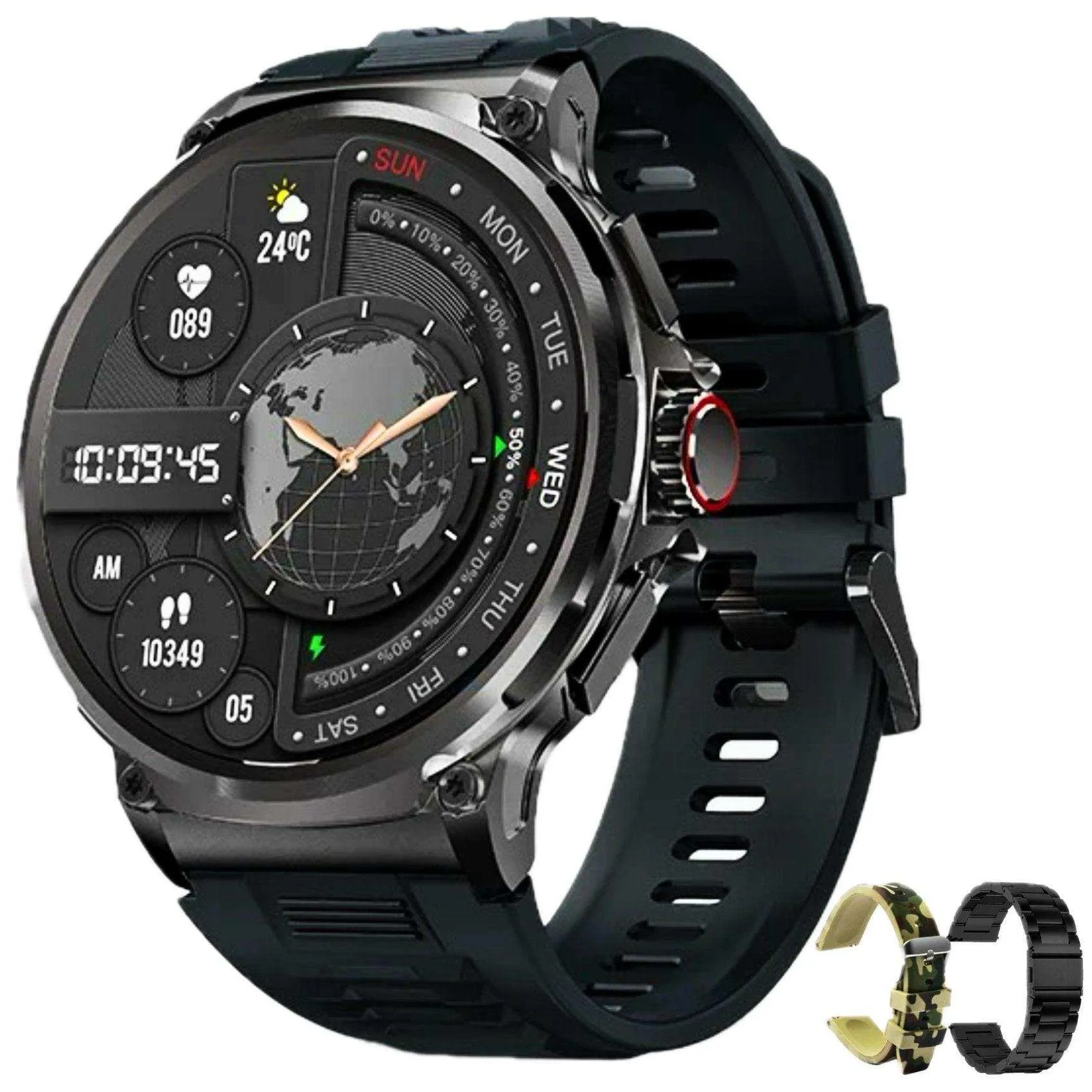 TUTT V69 | Metal Case| Men Military Smart Watch HD 1.85'' Large Round Screen 710mah Battery Pedometer Sleep Monitoring Sport Activity Outdoor Rugged SmartWatch Three (3) Straps